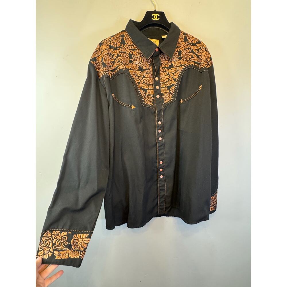 Scully Men's Black Western Snap Shirt with Embroidered Floral Yoke Size 3XL - Picture 2 of 9